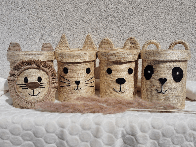 Boîte de rangement animal/boîte à malice/boîte ronde tissée/décor jute/boîte recyclée/fait-main en France
