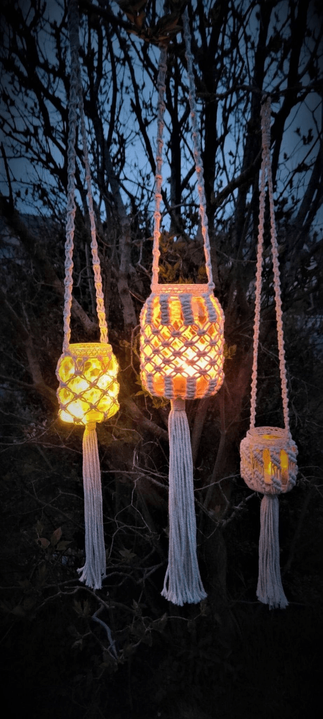 Lanterne en corde de coton/porte-bougie en verre/déco vintage/Lumière intérieur et extérieur/décoration bohème à suspendre/Fait main en France