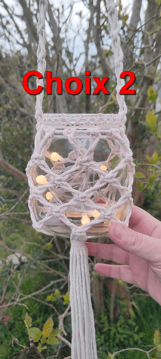 Lanterne en corde de coton/porte-bougie en verre/déco vintage/Lumière intérieur et extérieur/décoration bohème à suspendre/Fait main en France