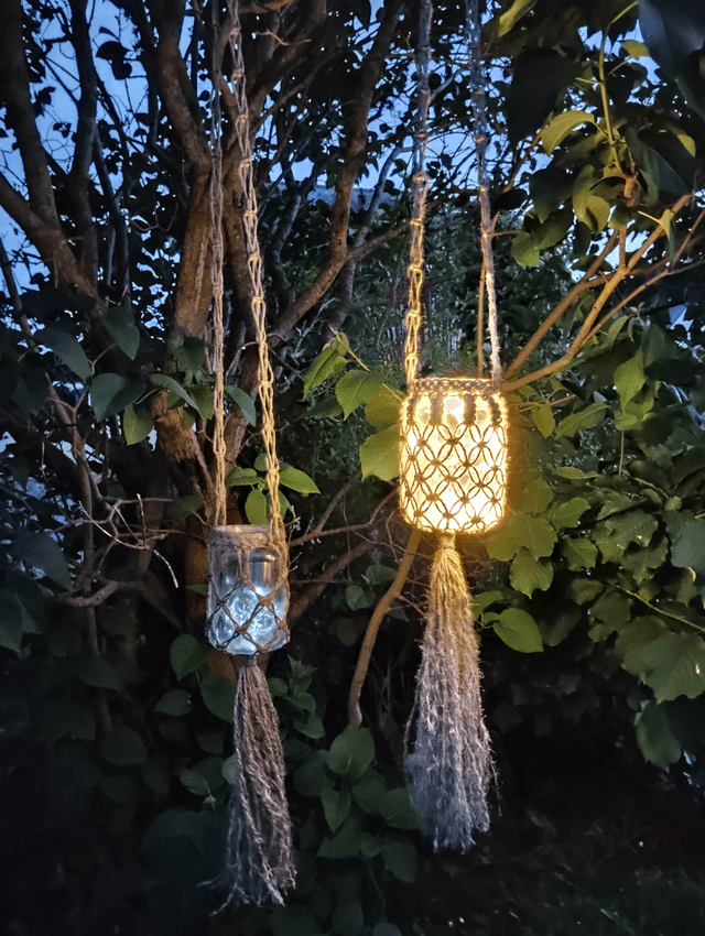 Lanterne en corde de jute/porte-bougie en verre/déco vintage/Lumière intérieur et extérieur/décoration bohème à suspendre/Fait main en France