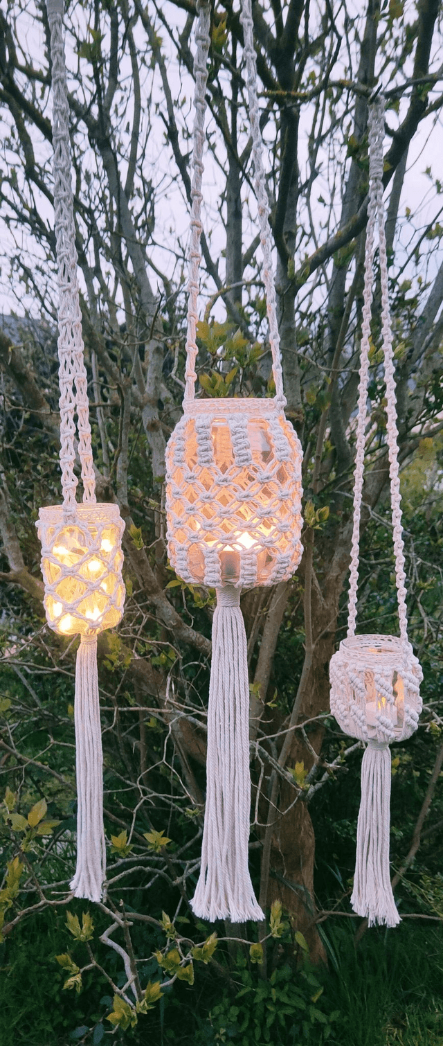 Lanterne en corde de coton/porte-bougie en verre/déco vintage/Lumière intérieur et extérieur/décoration bohème à suspendre/Fait main en France