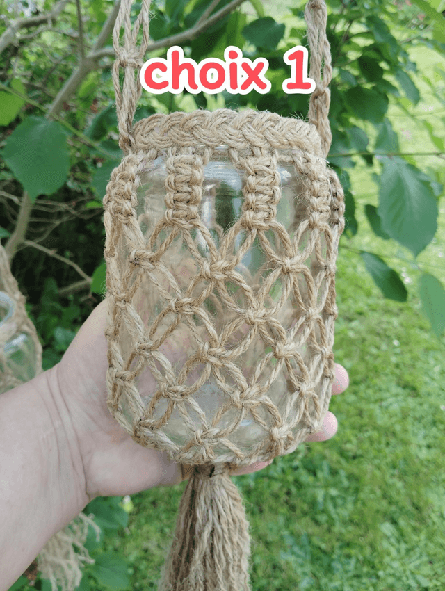 Lanterne en corde de jute/porte-bougie en verre/déco vintage/Lumière intérieur et extérieur/décoration bohème à suspendre/Fait main en France