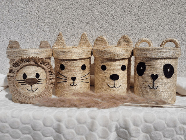 Boîte de rangement animal/boîte à malice/boîte ronde tissée/décor jute/boîte recyclée/fait-main en France